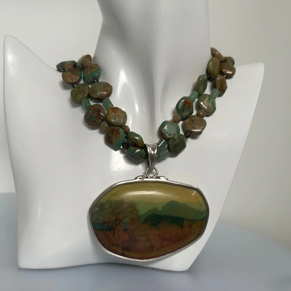 BARSE 925 Sterling Silver  TURQUOISE Bead Necklace with ART Scenic Pendant